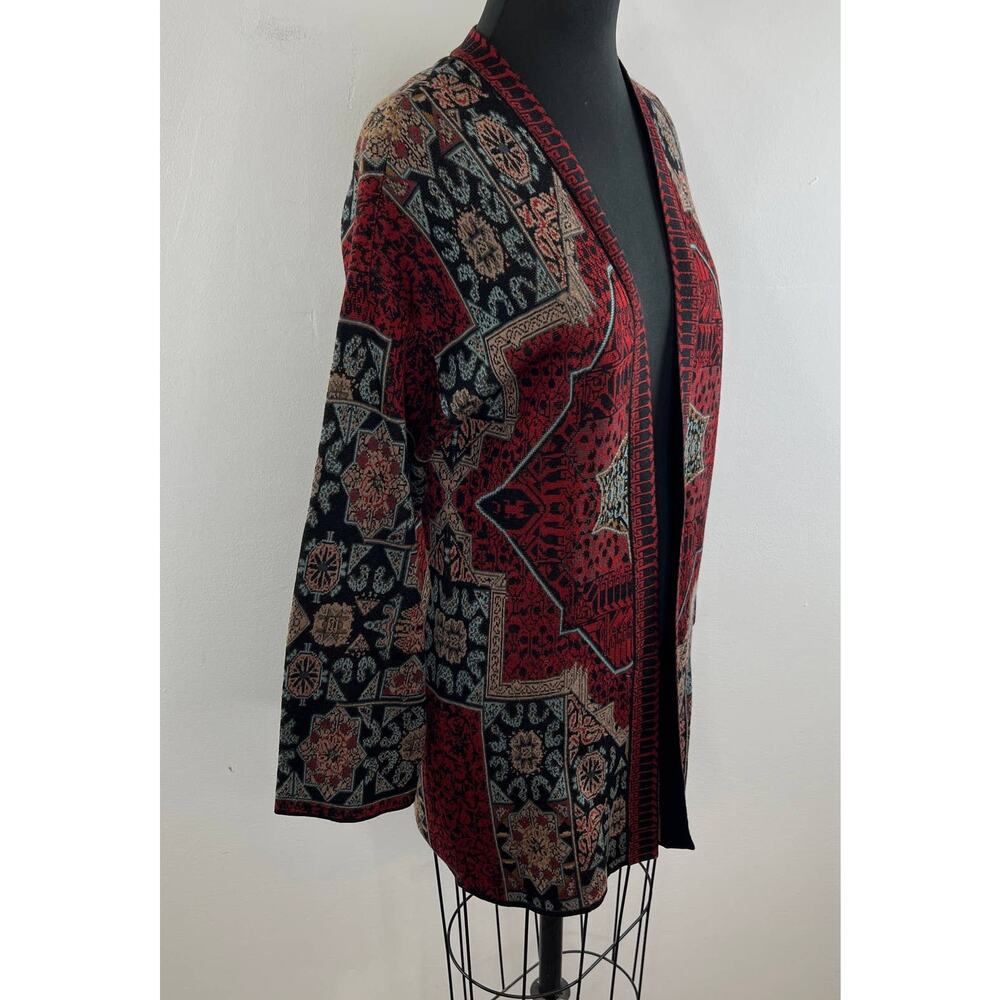 Peruvian Connection Open Front Cardigan Sweater Red Medallion Red Long Slv Sz S - Picture 4 of 6